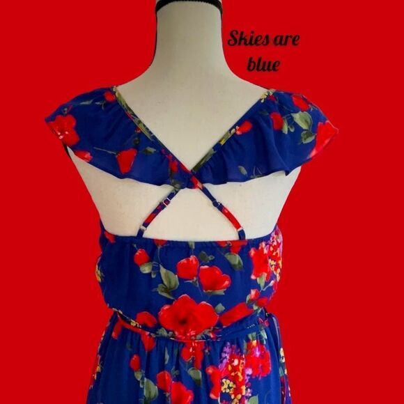 SKIES ARE BLUE NWT DRESS FLORAL PRINT WRAP RUFFLED SPAGHETTI STRAPS SMALL COBALT - Picture 3 of 13